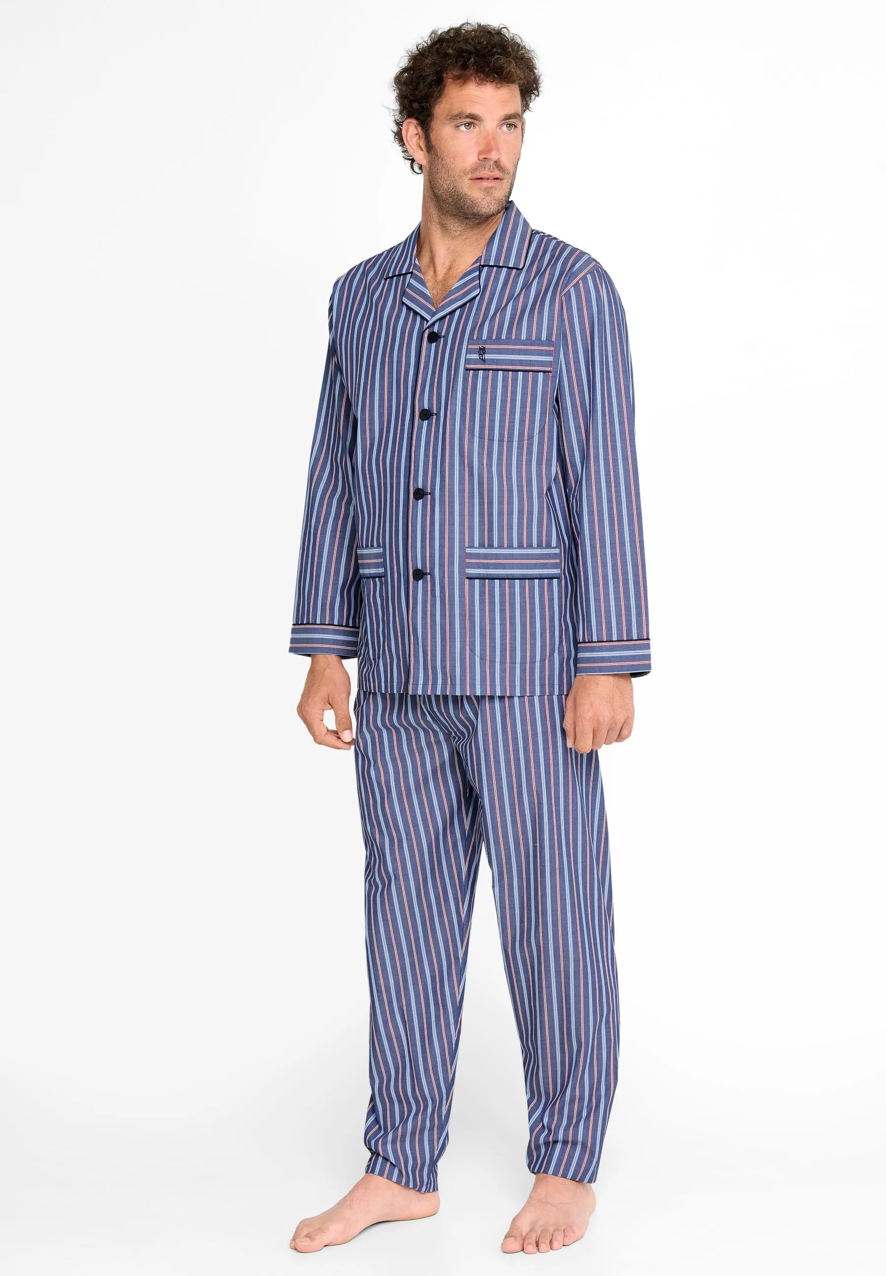 Pijama Hombre Largo Solapa Algodón Popelín Rayas - Azul 2981_39