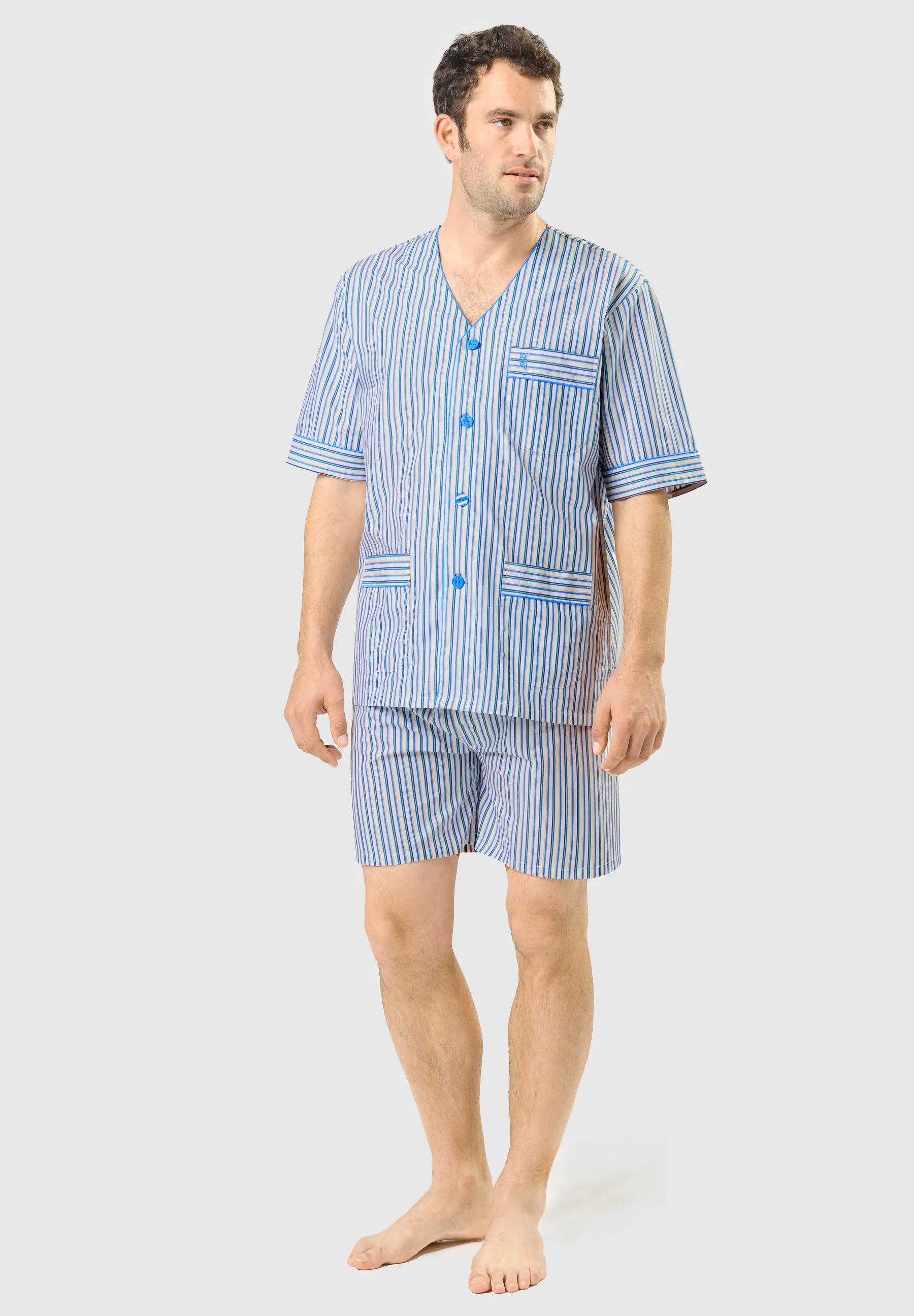 Pijama Hombre Verano Corto Judo Algodón Popelín Rayas - Blanco 4537_01