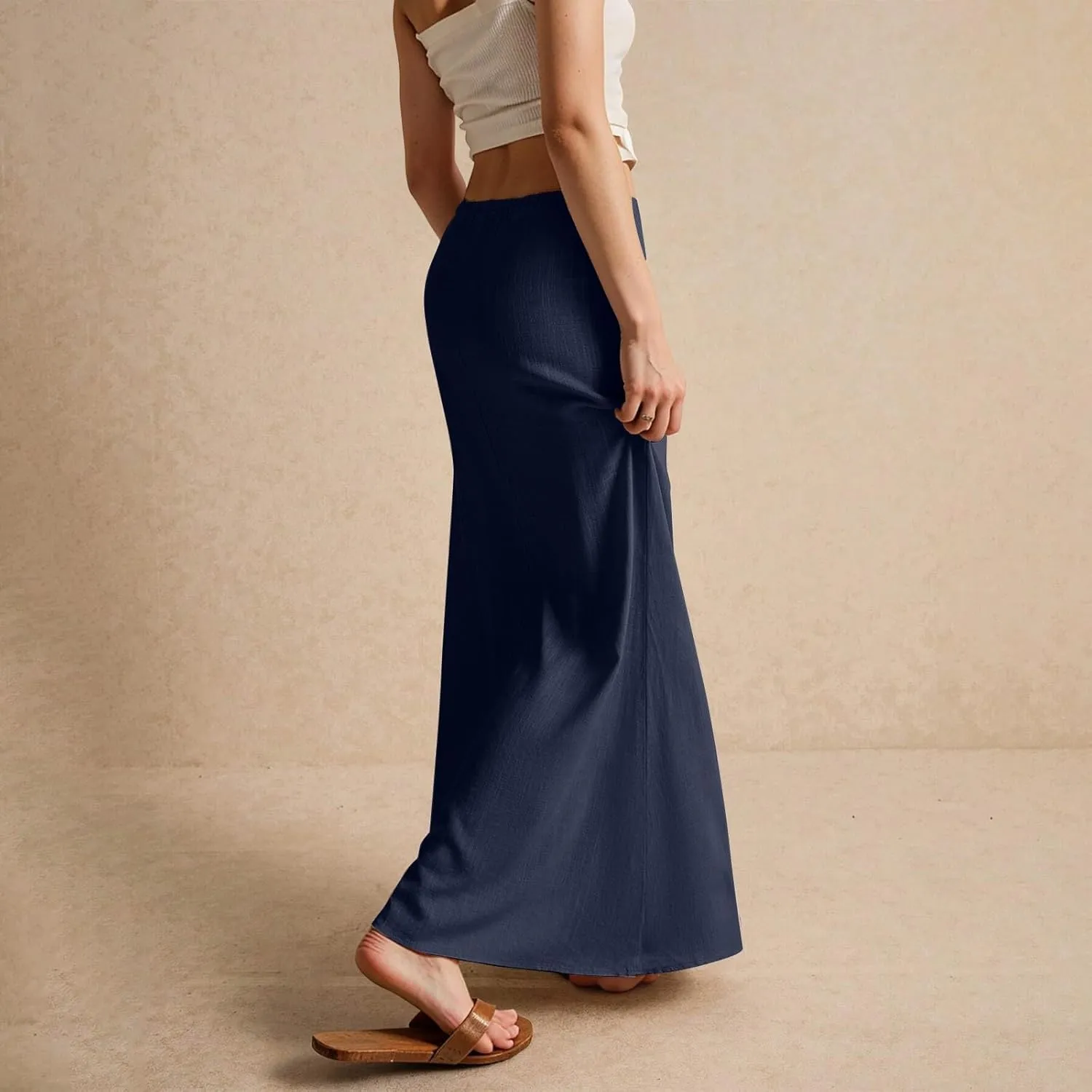 Women's Boho Skirts Linen Flared Maxi Skirt with Back Slit-Elastic Waist Drawstring Long Flowy Skirt, S-2XL