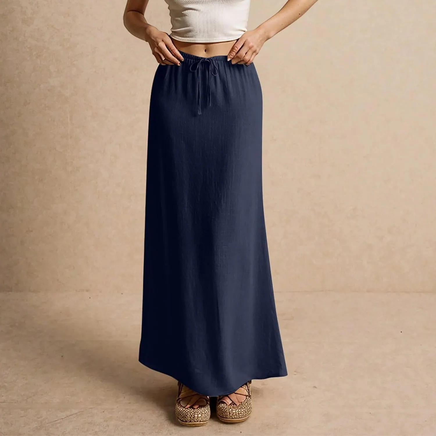 Women's Boho Skirts Linen Flared Maxi Skirt with Back Slit-Elastic Waist Drawstring Long Flowy Skirt, S-2XL