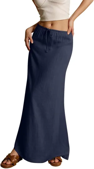 Women's Boho Skirts Linen Flared Maxi Skirt with Back Slit-Elastic Waist Drawstring Long Flowy Skirt, S-2XL