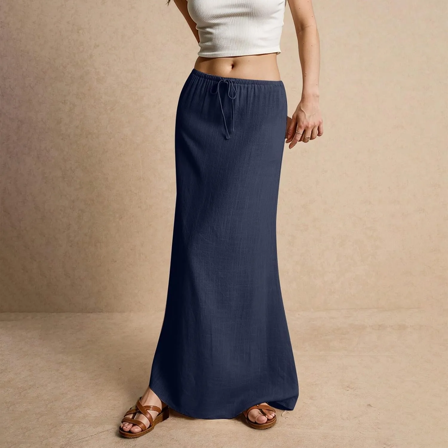 Women's Boho Skirts Linen Flared Maxi Skirt with Back Slit-Elastic Waist Drawstring Long Flowy Skirt, S-2XL