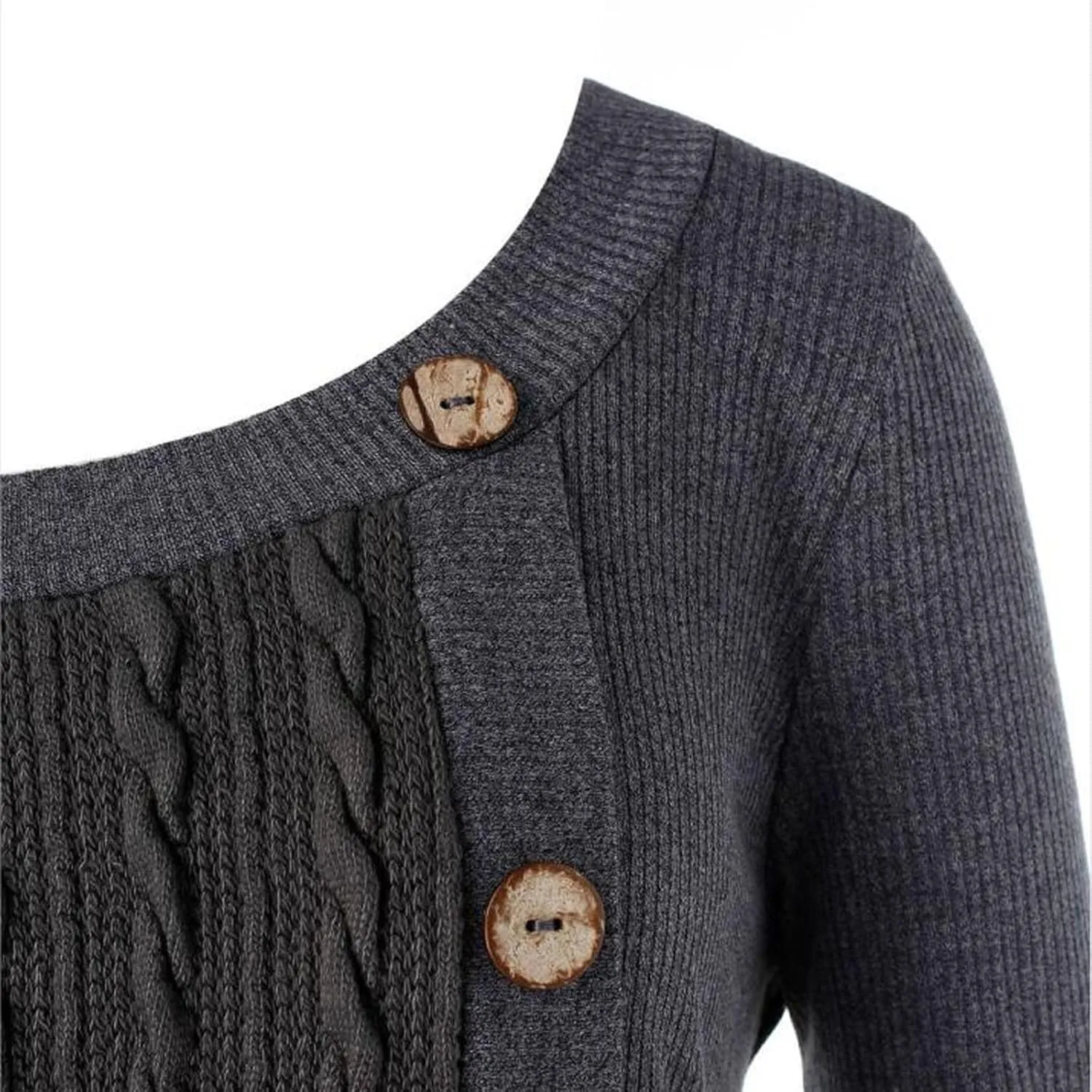 Women's Fall Winter Casual Trendy Dress Long Sleeve Crew Neck Solid Button Fleece Cable Knit Sweater Dresses, L-5XL