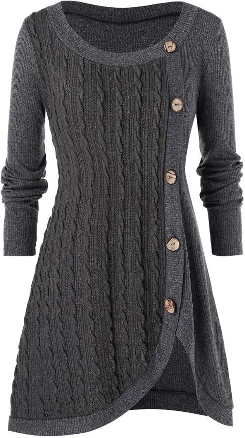 Women's Fall Winter Casual Trendy Dress Long Sleeve Crew Neck Solid Button Fleece Cable Knit Sweater Dresses, L-5XL