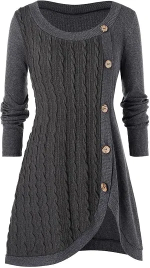 Women's Fall Winter Casual Trendy Dress Long Sleeve Crew Neck Solid Button Fleece Cable Knit Sweater Dresses, L-5XL
