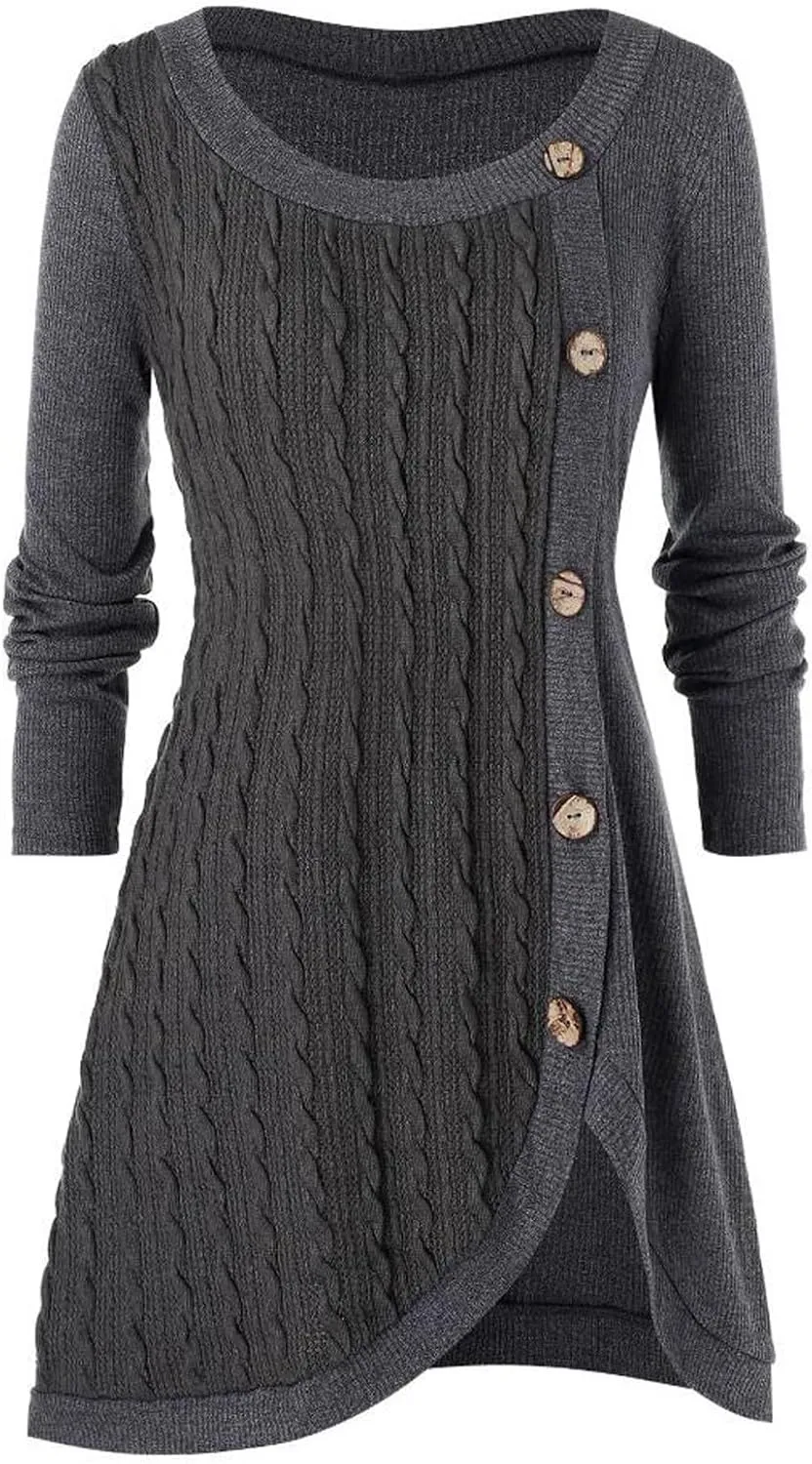 Women's Fall Winter Casual Trendy Dress Long Sleeve Crew Neck Solid Button Fleece Cable Knit Sweater Dresses, L-5XL