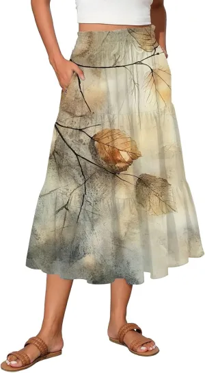 Women's Flowy Midi Skirt 2025 Summer High Waisted Tie Print Smocked Beach Long Skirts with Pockets, S-2XL