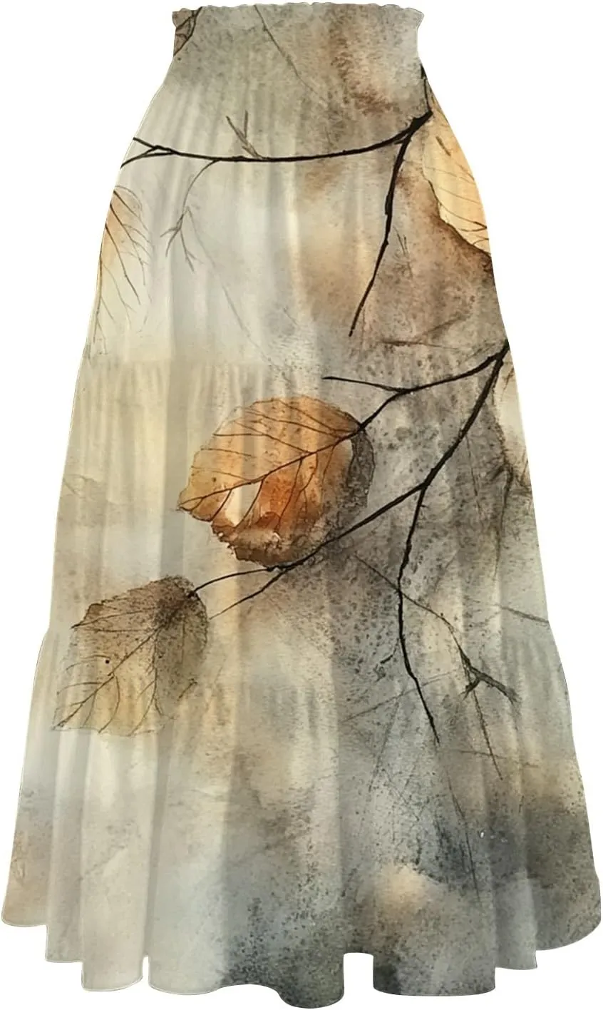 Women's Flowy Midi Skirt 2025 Summer High Waisted Tie Print Smocked Beach Long Skirts with Pockets, S-2XL
