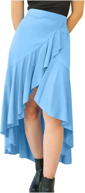 Women's High Waist Skirts Dressy Casual Ruffle Shirts High Low Asymmetric Skirt Elastic Waist Flowy Skirts Business Skirt