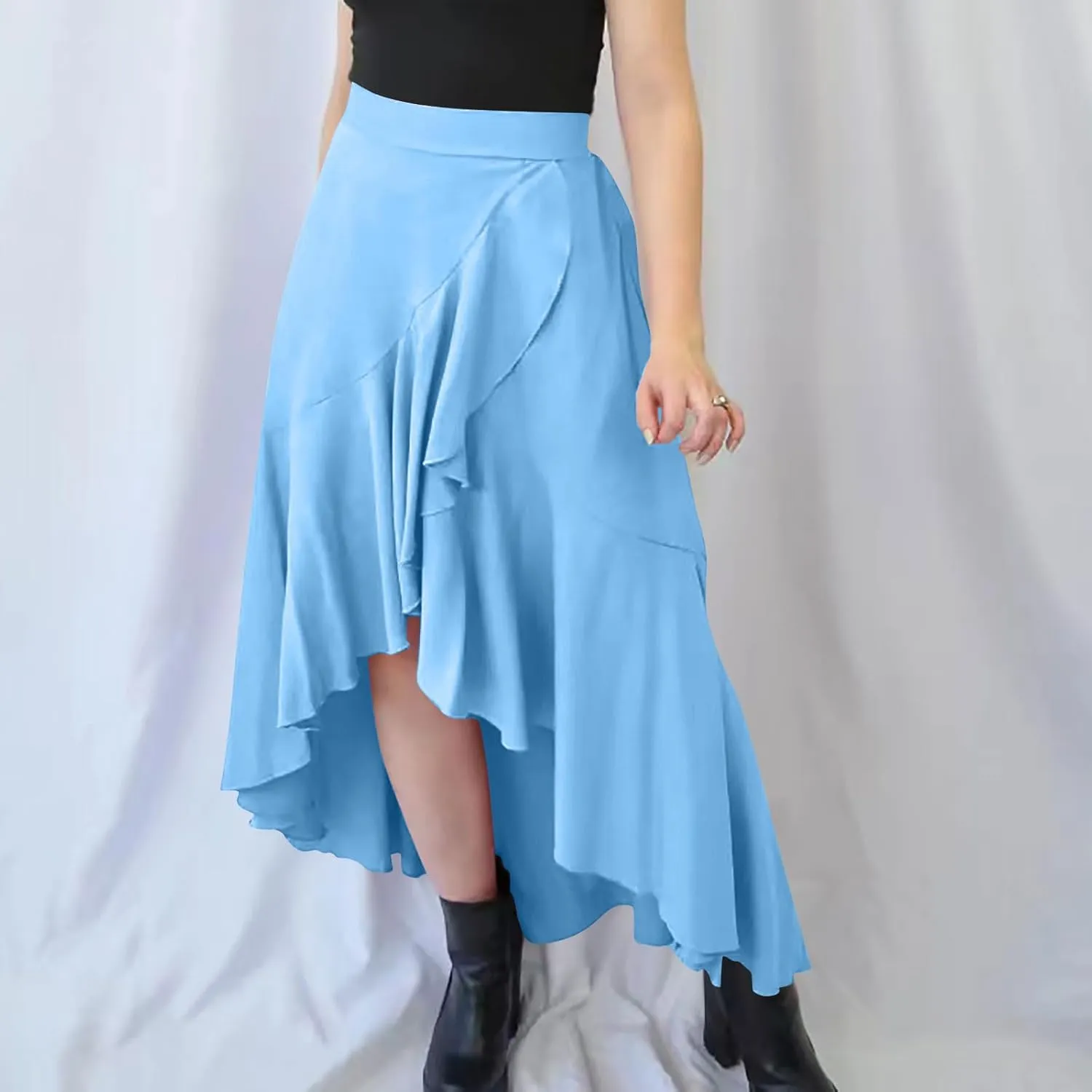 Women's High Waist Skirts Dressy Casual Ruffle Shirts High Low Asymmetric Skirt Elastic Waist Flowy Skirts Business Skirt