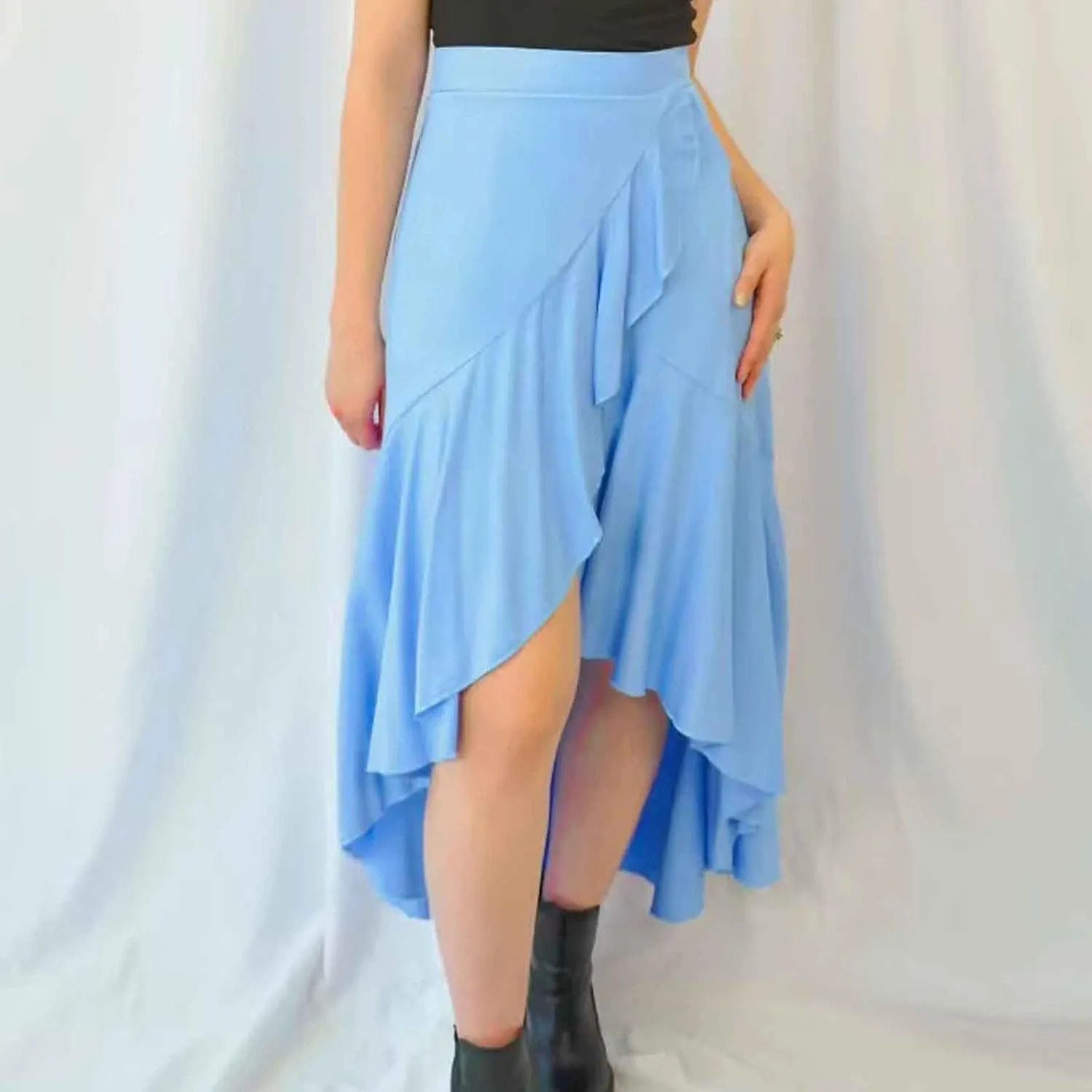 Women's High Waist Skirts Dressy Casual Ruffle Shirts High Low Asymmetric Skirt Elastic Waist Flowy Skirts Business Skirt