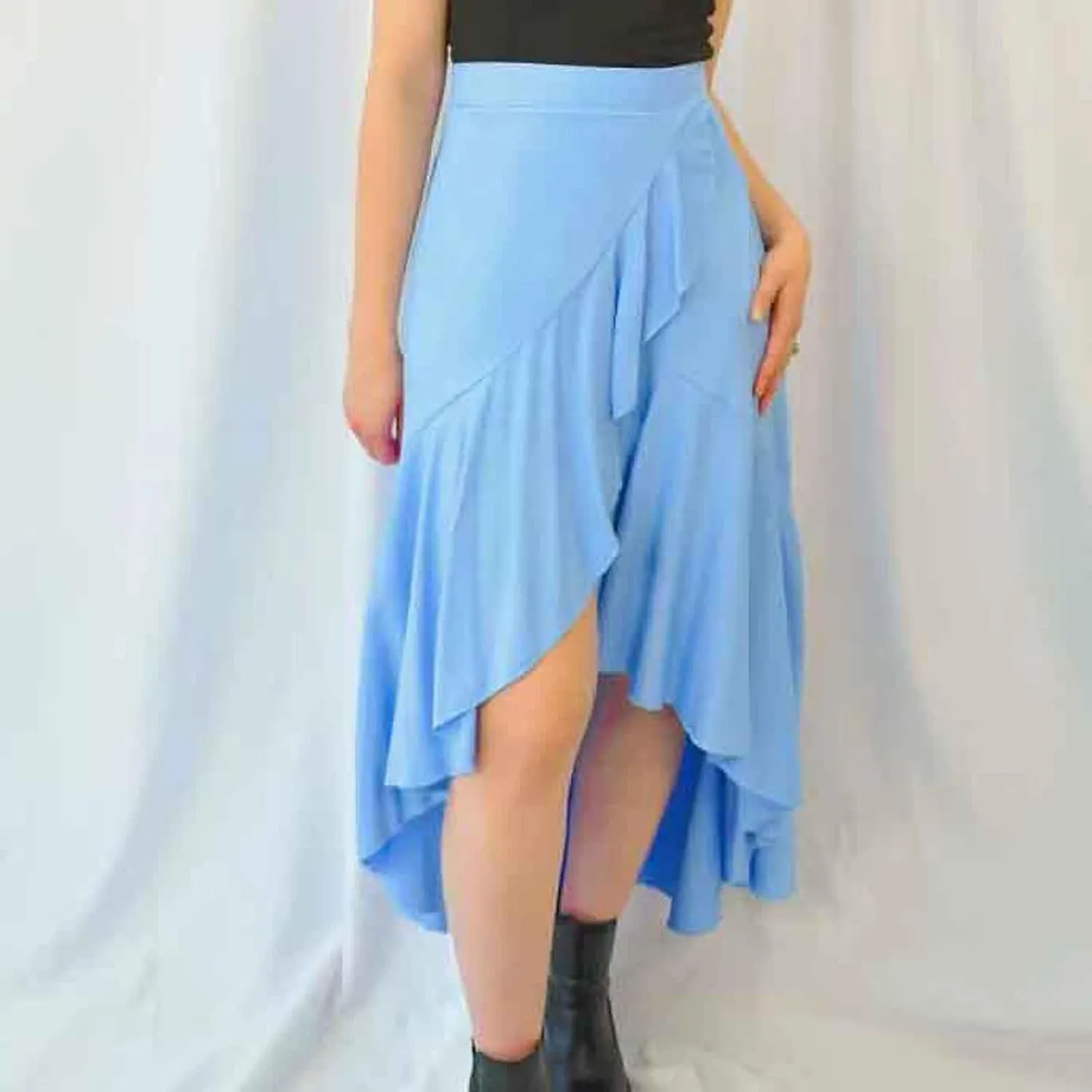 Women's High Waist Skirts Dressy Casual Ruffle Shirts High Low Asymmetric Skirt Elastic Waist Flowy Skirts Business Skirt