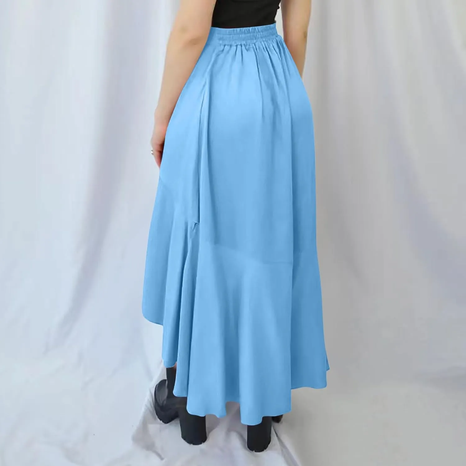 Women's High Waist Skirts Dressy Casual Ruffle Shirts High Low Asymmetric Skirt Elastic Waist Flowy Skirts Business Skirt