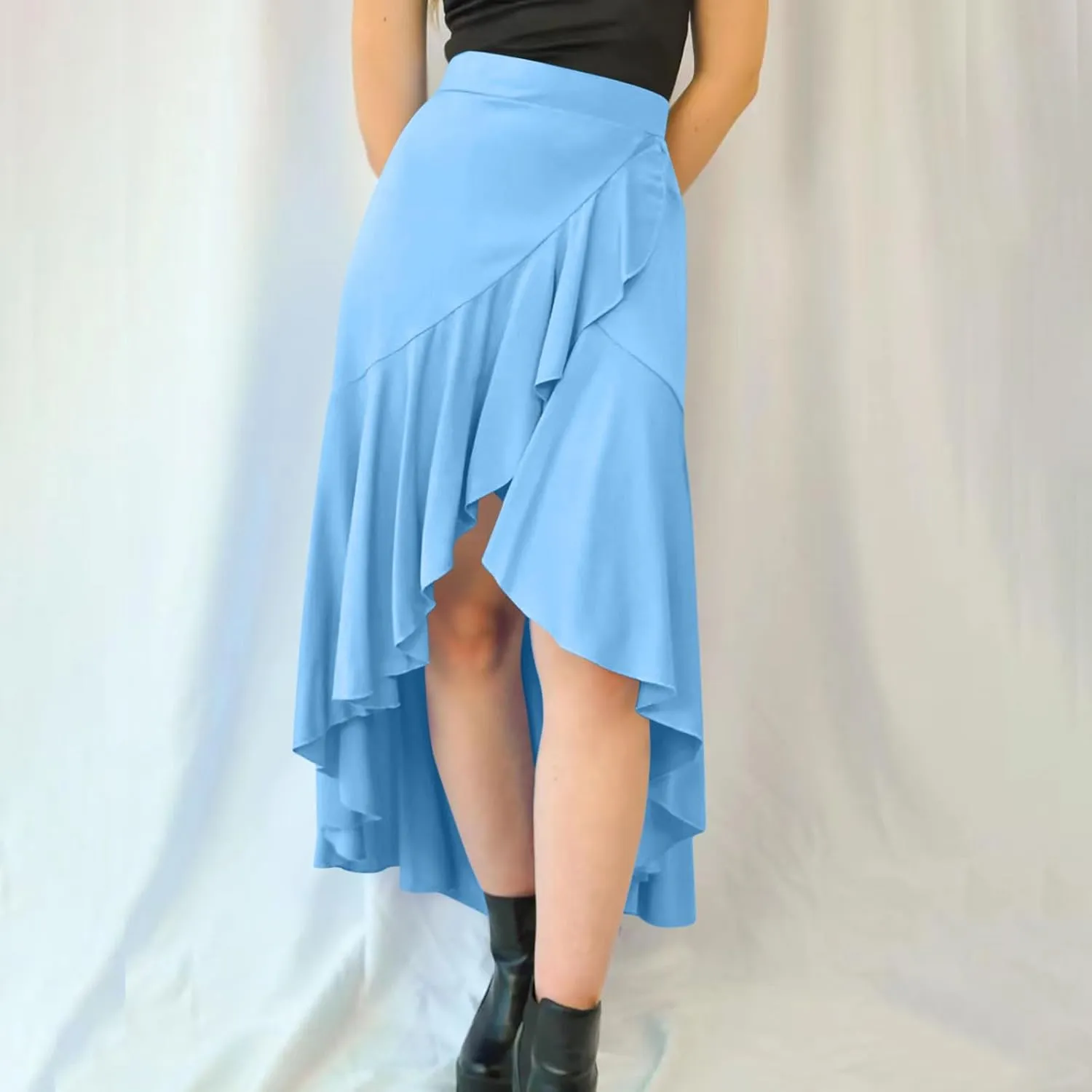 Women's High Waist Skirts Dressy Casual Ruffle Shirts High Low Asymmetric Skirt Elastic Waist Flowy Skirts Business Skirt