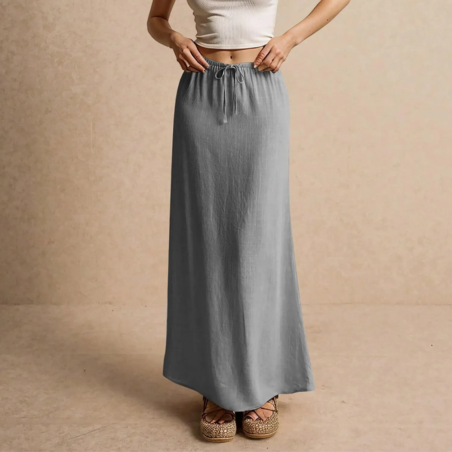 Women's Long Skirts 2025 Boho Summer Elastic Waist Solid Tie Athletic Maxi Skirt with Pockets Trendy, S-2XL