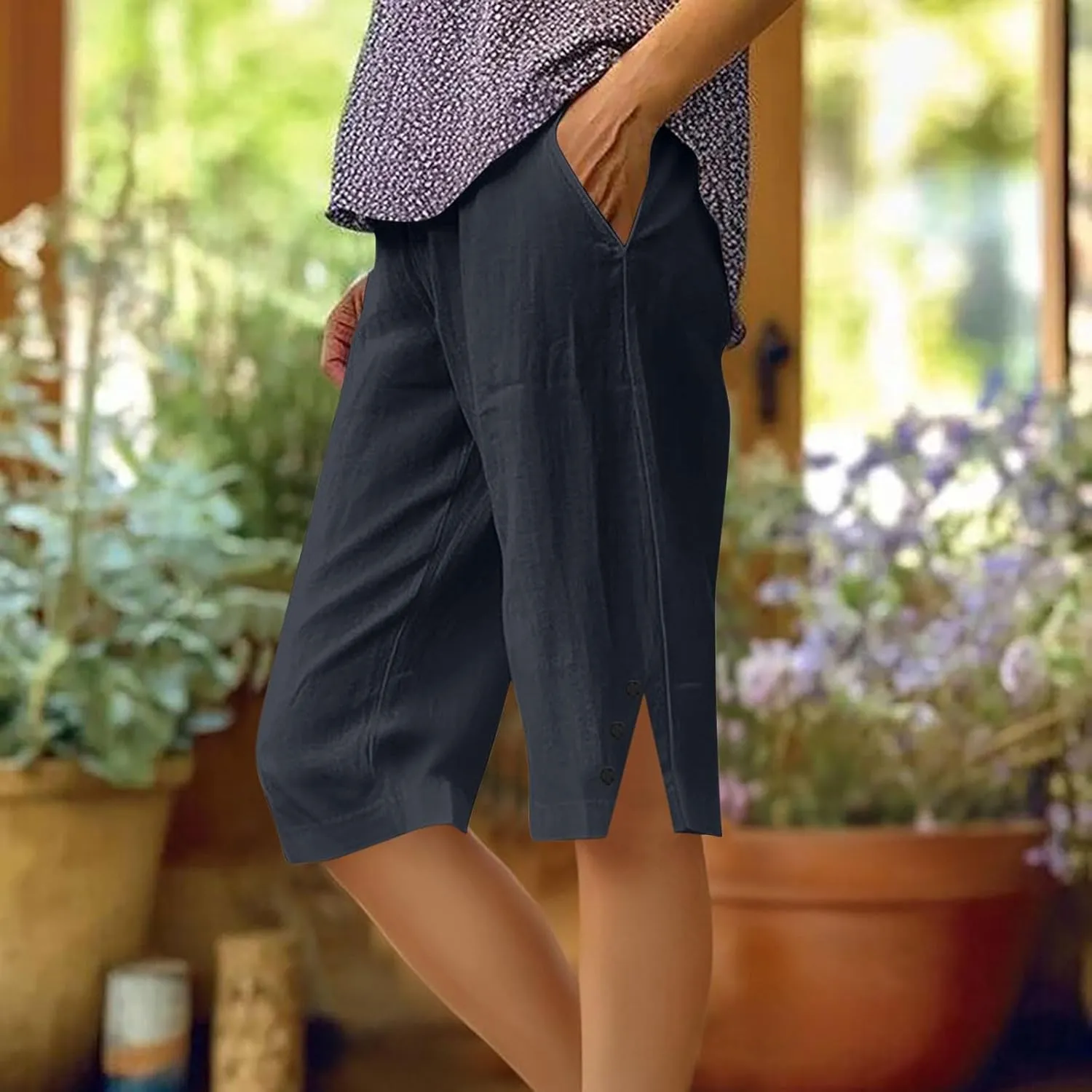 Womens Summer Cotton Linen Shorts Loose Straight Leg Knee Length Short Pants with Pockets Side Slit Buttons