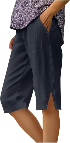 Womens Summer Cotton Linen Shorts Loose Straight Leg Knee Length Short Pants with Pockets Side Slit Buttons