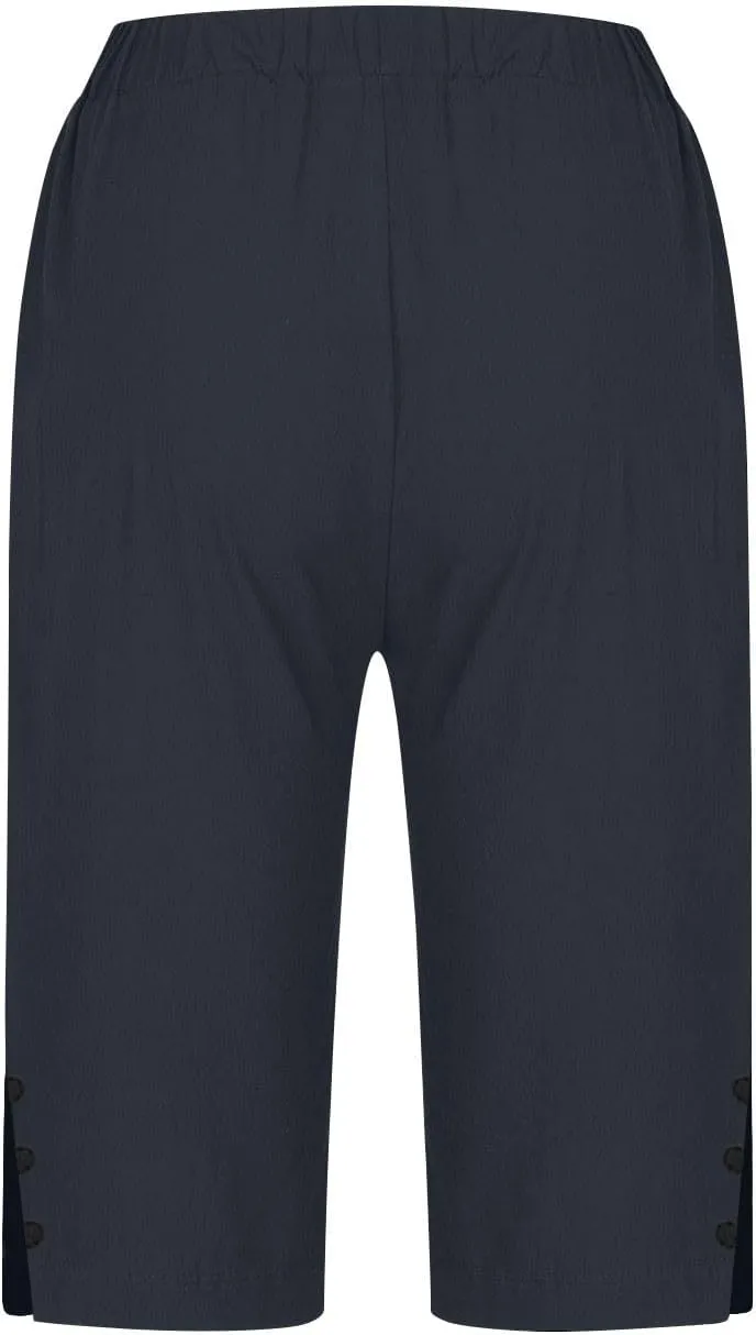 Womens Summer Cotton Linen Shorts Loose Straight Leg Knee Length Short Pants with Pockets Side Slit Buttons