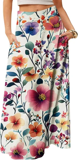 Women's Summer Skirts 2025 Elastic High Waist Flared Maxi Skirts Floral Swing Midi Casual Long Skirt, S-2XL