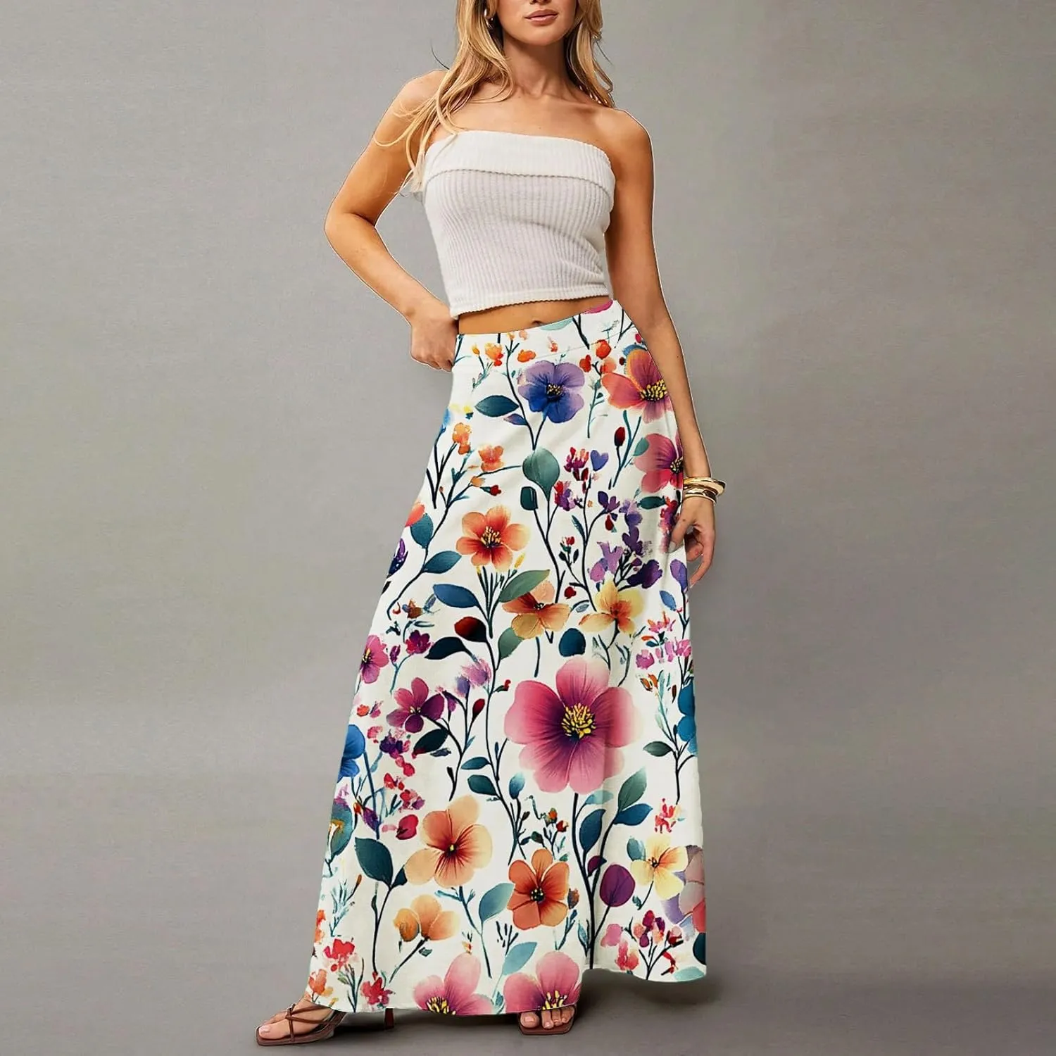 Women's Summer Skirts 2025 Elastic High Waist Flared Maxi Skirts Floral Swing Midi Casual Long Skirt, S-2XL