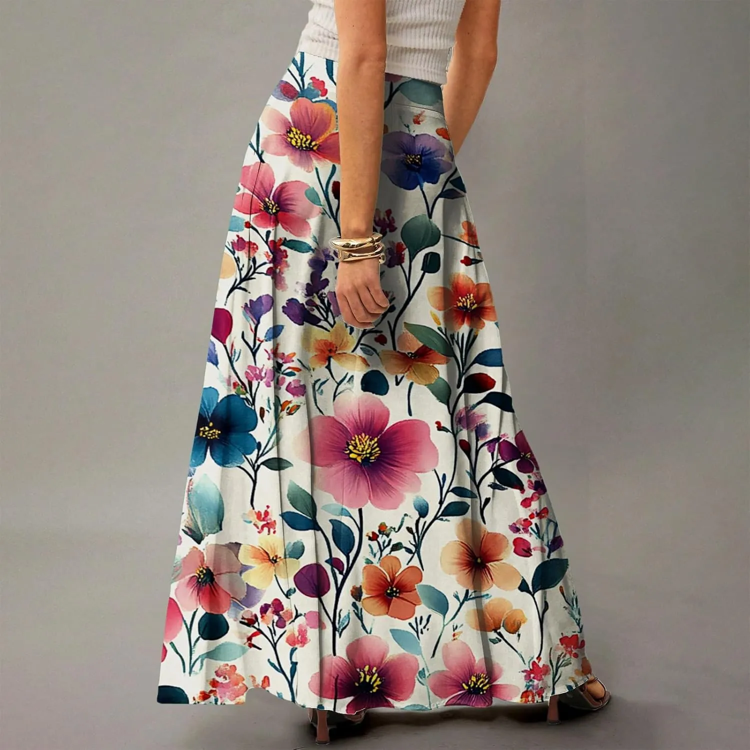 Women's Summer Skirts 2025 Elastic High Waist Flared Maxi Skirts Floral Swing Midi Casual Long Skirt, S-2XL
