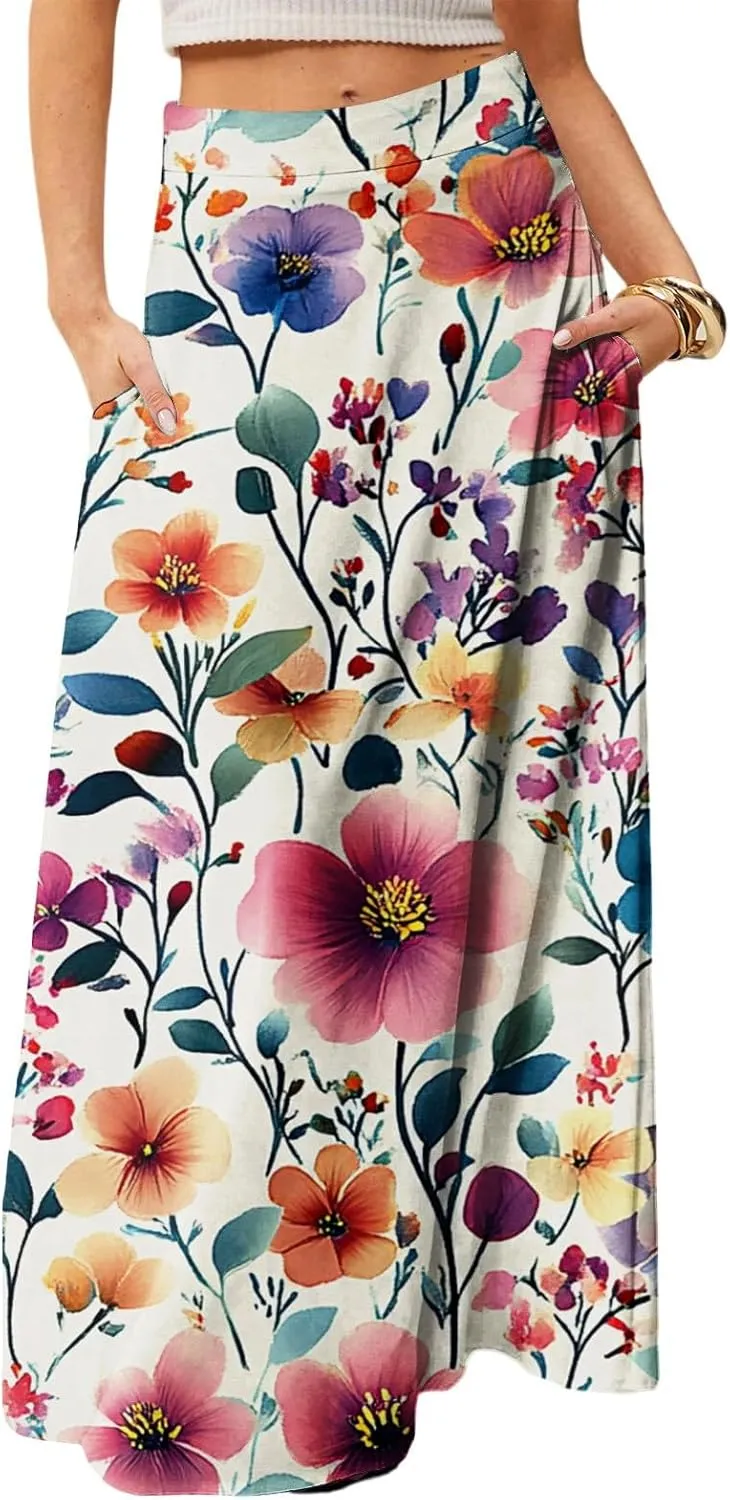 Women's Summer Skirts 2025 Elastic High Waist Flared Maxi Skirts Floral Swing Midi Casual Long Skirt, S-2XL