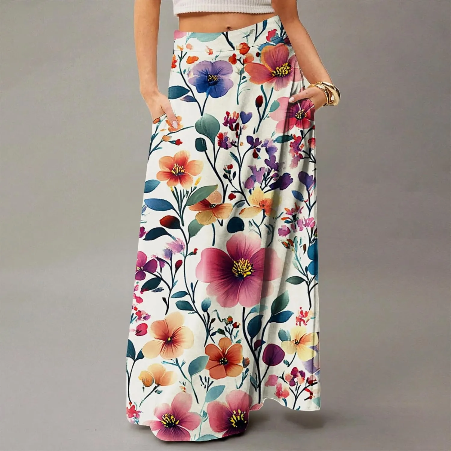 Women's Summer Skirts 2025 Elastic High Waist Flared Maxi Skirts Floral Swing Midi Casual Long Skirt, S-2XL