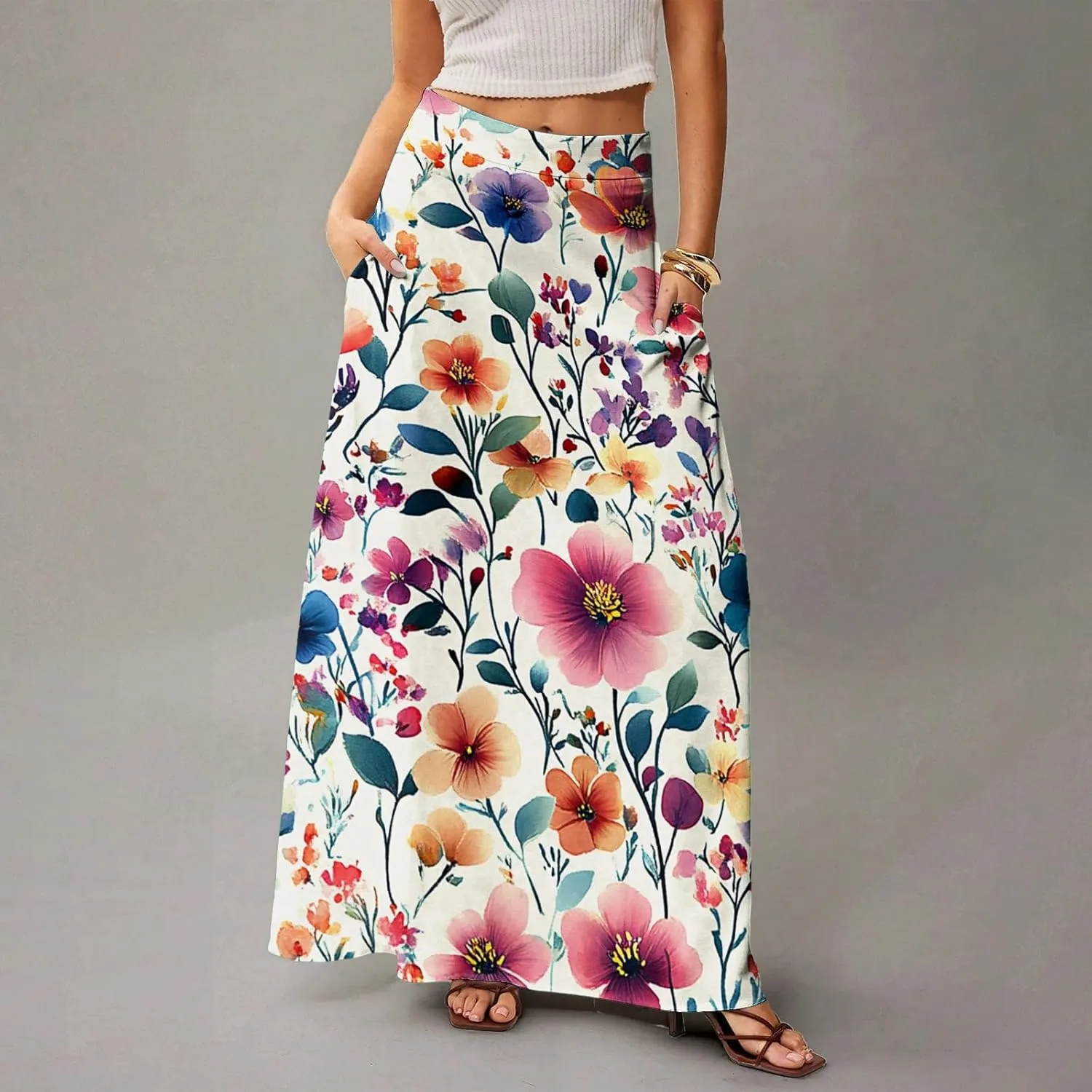 Women's Summer Skirts 2025 Elastic High Waist Flared Maxi Skirts Floral Swing Midi Casual Long Skirt, S-2XL