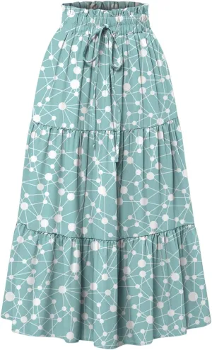 Women's Sundresses Boho Floral Skirt Casual Elastic High Waist Maxi Skirts Flowy A Line Beach Long Skirt, S-2XL