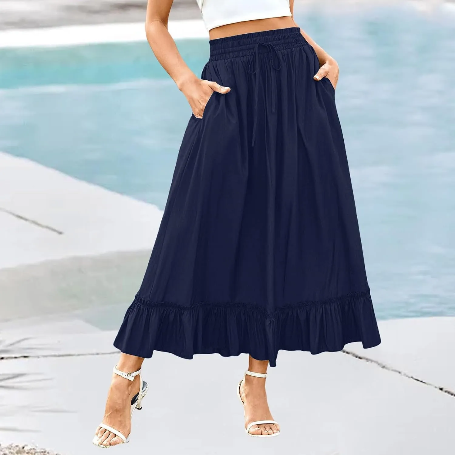Women's Western Outfit Maxi Skirts 2025 Summer Trendy Ruffle High Waisted Casual Long Flowy Skirt Outfit, S-2XL