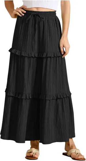 Women's Western Skirts Summer Boho Flowy Swing Tiered A-Line Maxi Skirt 2025 Fashion Elastic Waist Dress, S-2XL