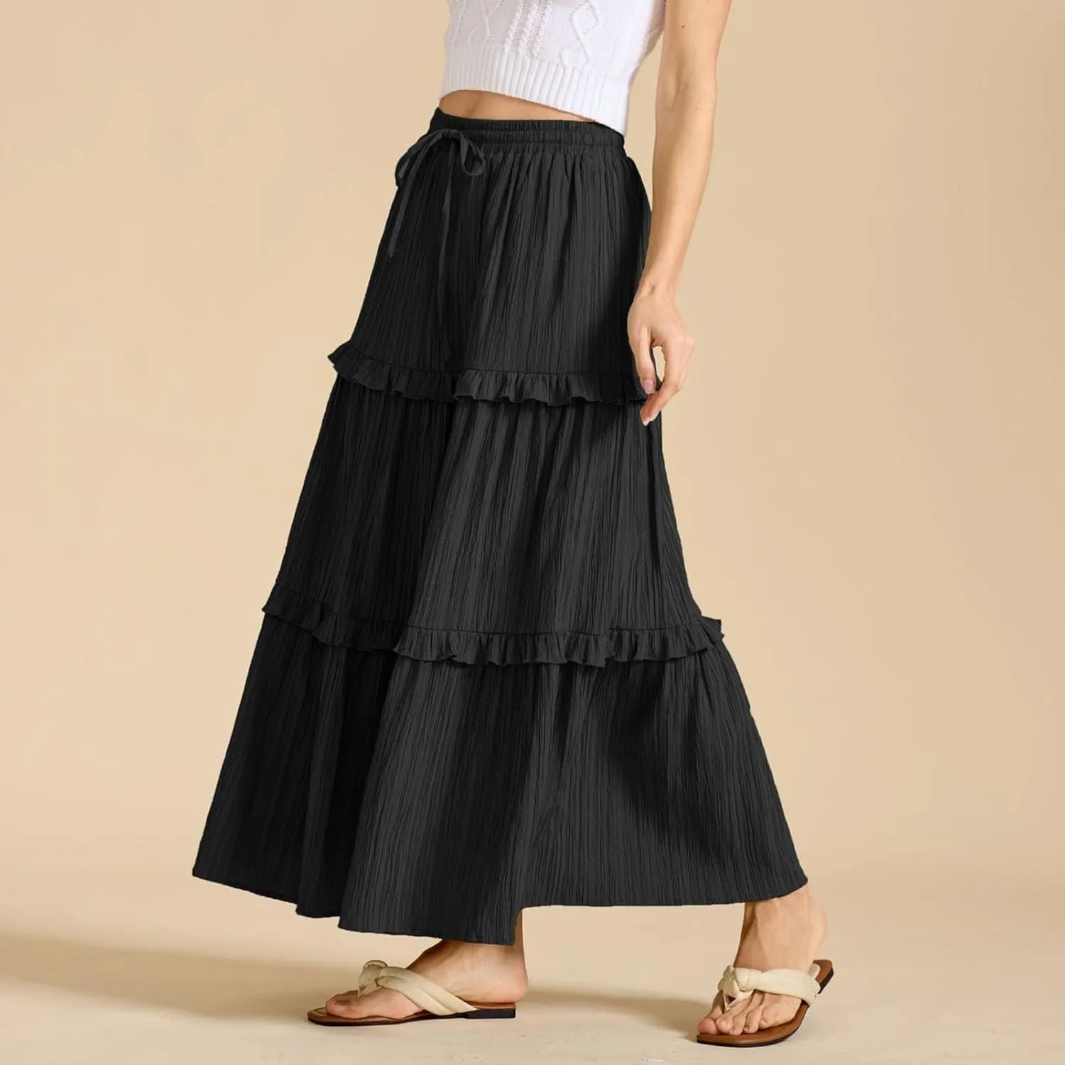 Women's Western Skirts Summer Boho Flowy Swing Tiered A-Line Maxi Skirt 2025 Fashion Elastic Waist Dress, S-2XL
