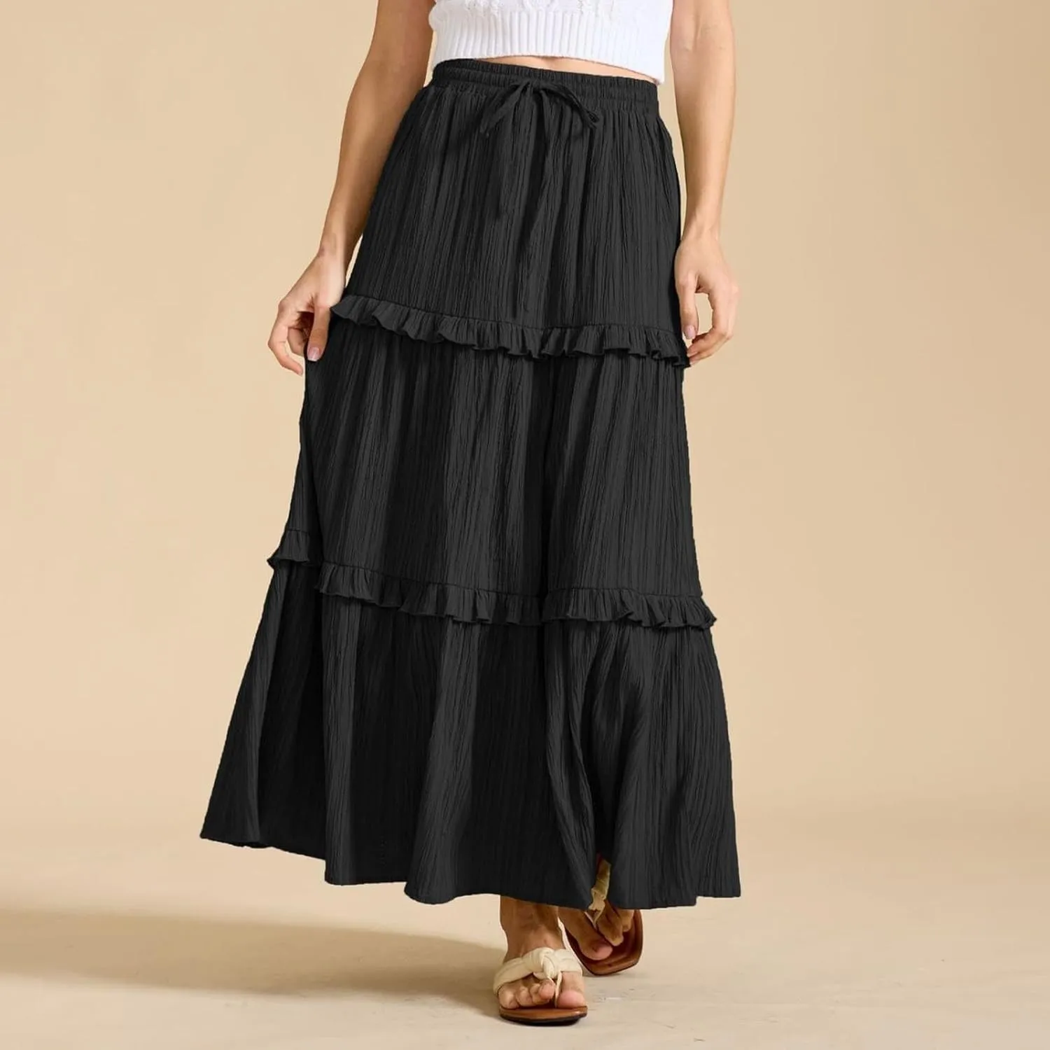 Women's Western Skirts Summer Boho Flowy Swing Tiered A-Line Maxi Skirt 2025 Fashion Elastic Waist Dress, S-2XL